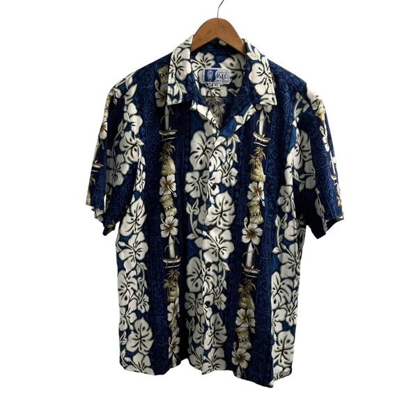 VINTAGE RJC Made In Hawaii Floral Blue White Men's Buttoned Shirt Size Men's XL - Picture 2 of 8